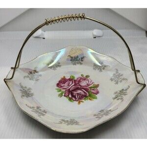 Iridescent LUSTER WARE Gold Gilded Roses Candy Dish With HANDLE Japan Vintage